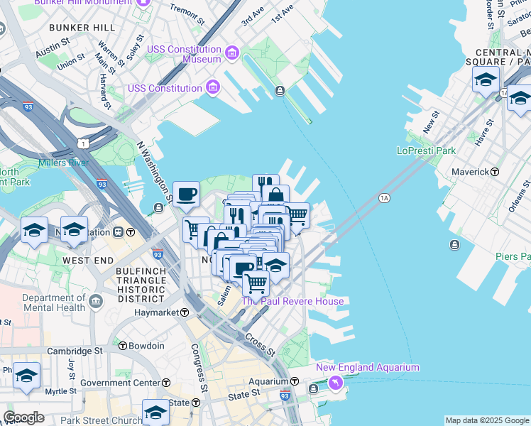 map of restaurants, bars, coffee shops, grocery stores, and more near 24 Henchman Street in Boston