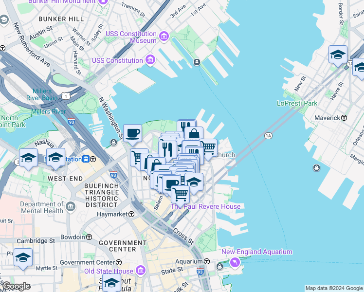 map of restaurants, bars, coffee shops, grocery stores, and more near 24 Henchman Street in Boston
