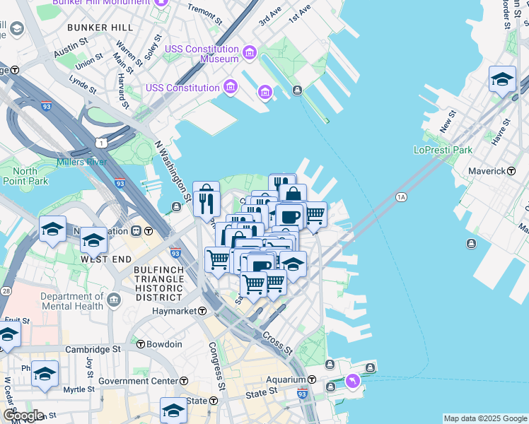 map of restaurants, bars, coffee shops, grocery stores, and more near 501 Commercial Street in Boston