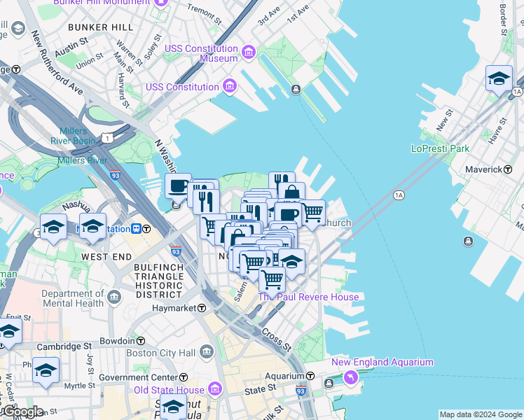 map of restaurants, bars, coffee shops, grocery stores, and more near in Boston