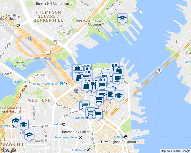 map of restaurants, bars, coffee shops, grocery stores, and more near 50 Snow Hill Street in Boston