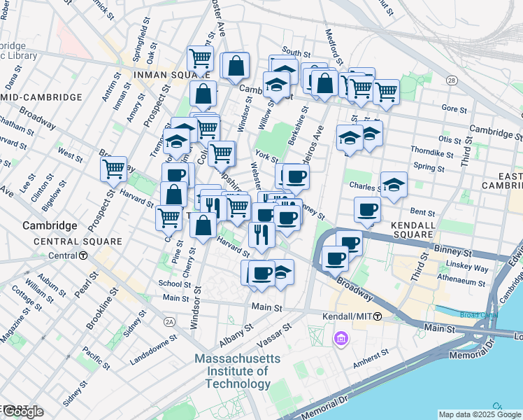 map of restaurants, bars, coffee shops, grocery stores, and more near 33 Webster Avenue in Cambridge