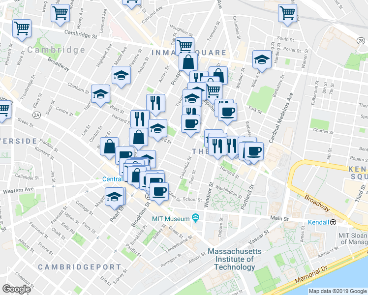 map of restaurants, bars, coffee shops, grocery stores, and more near 14 Elm Street in Cambridge