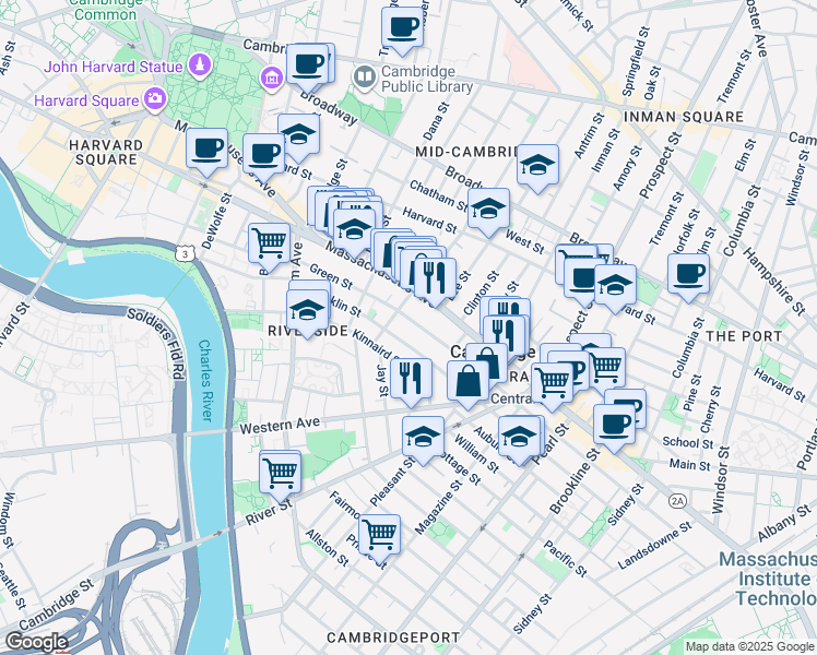 map of restaurants, bars, coffee shops, grocery stores, and more near 512 Green Street in Cambridge