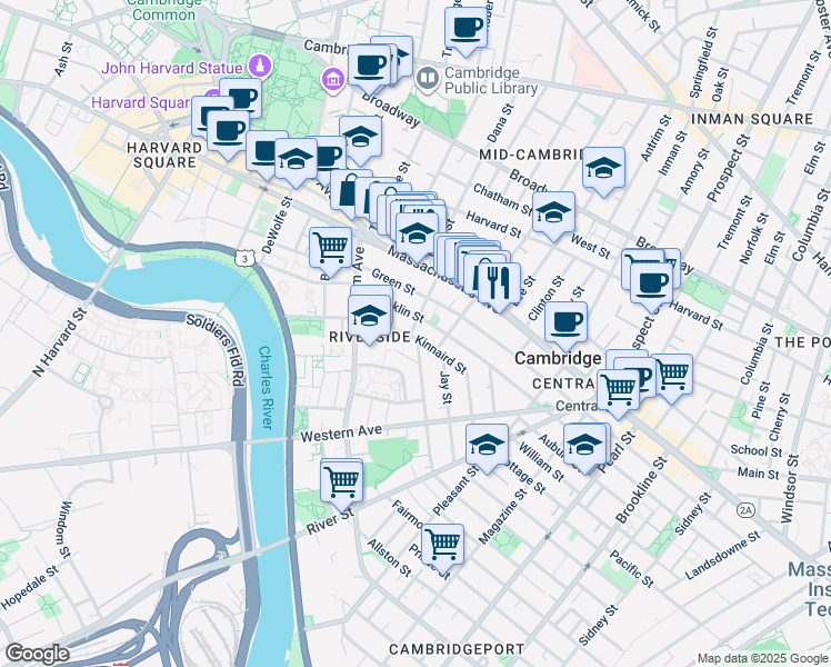 map of restaurants, bars, coffee shops, grocery stores, and more near 488 Franklin Street in Cambridge
