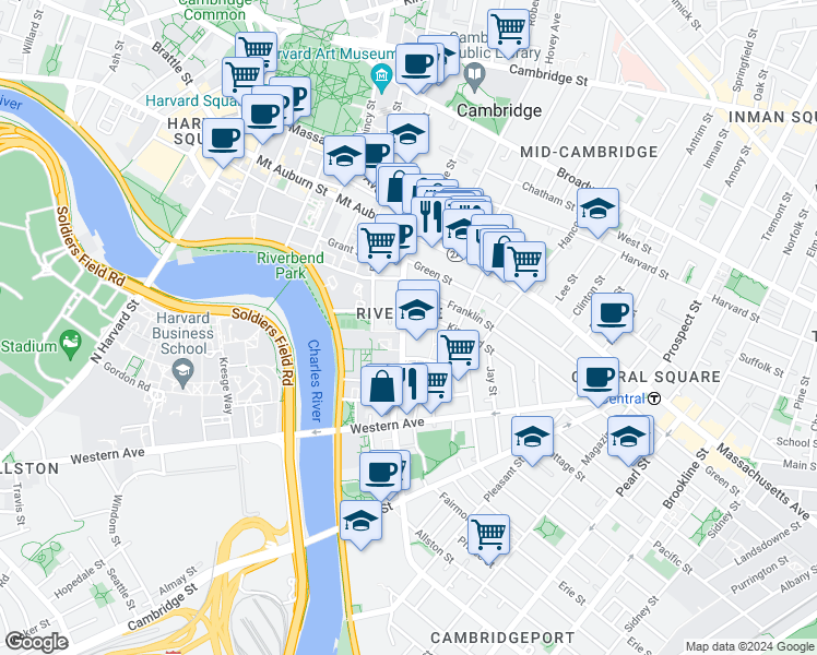 map of restaurants, bars, coffee shops, grocery stores, and more near 81 Putnam Avenue in Cambridge