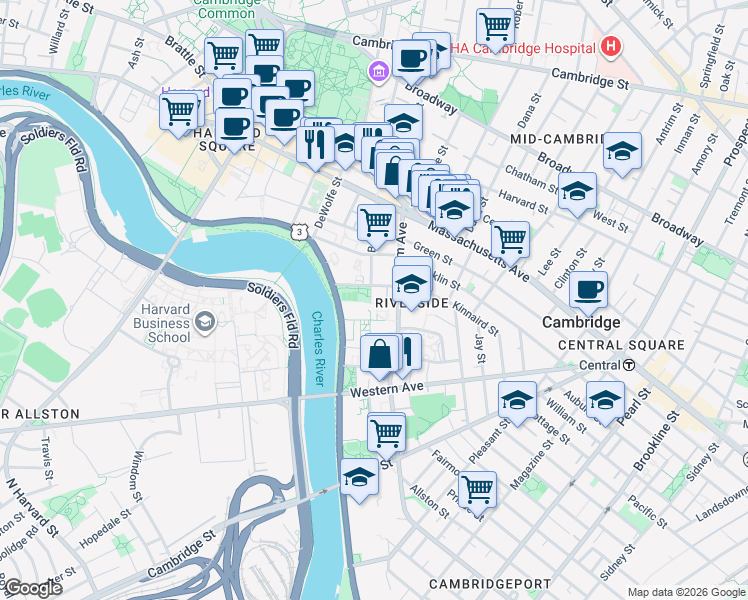 map of restaurants, bars, coffee shops, grocery stores, and more near 132 Banks Street in Cambridge