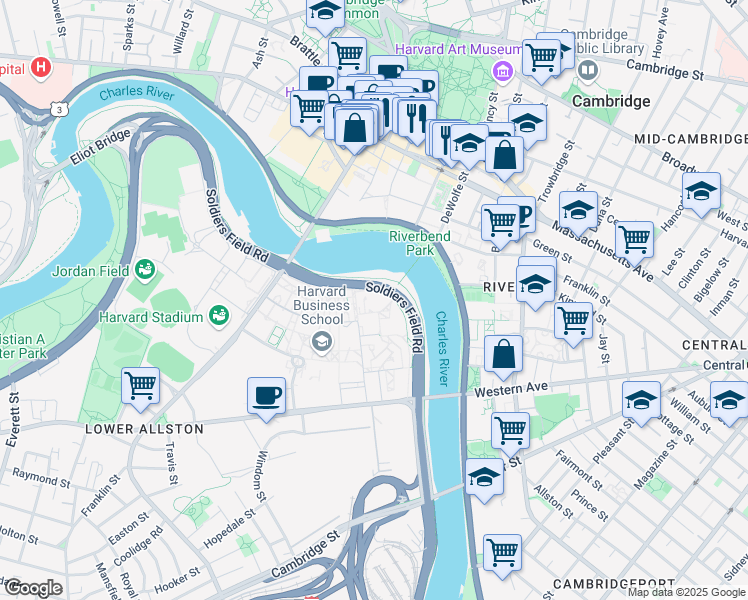map of restaurants, bars, coffee shops, grocery stores, and more near in Cambridge