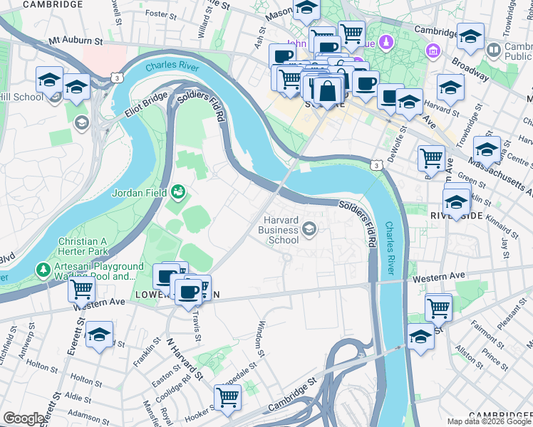 map of restaurants, bars, coffee shops, grocery stores, and more near 14 Harvard Way in Boston