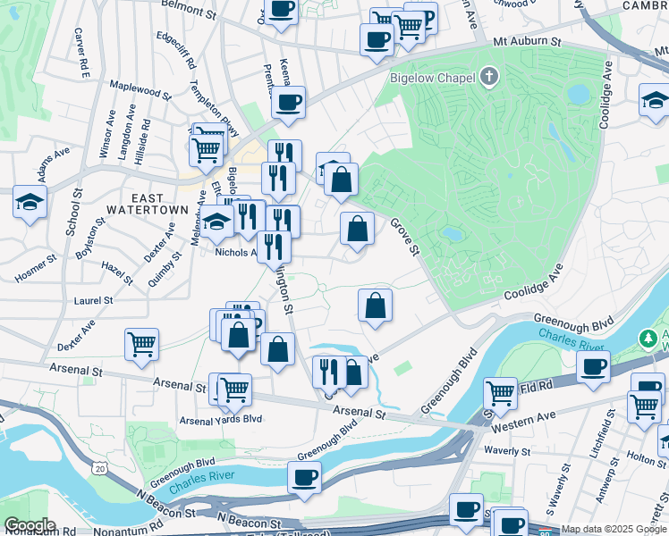 map of restaurants, bars, coffee shops, grocery stores, and more near 67 Coolidge Hill Road in Watertown