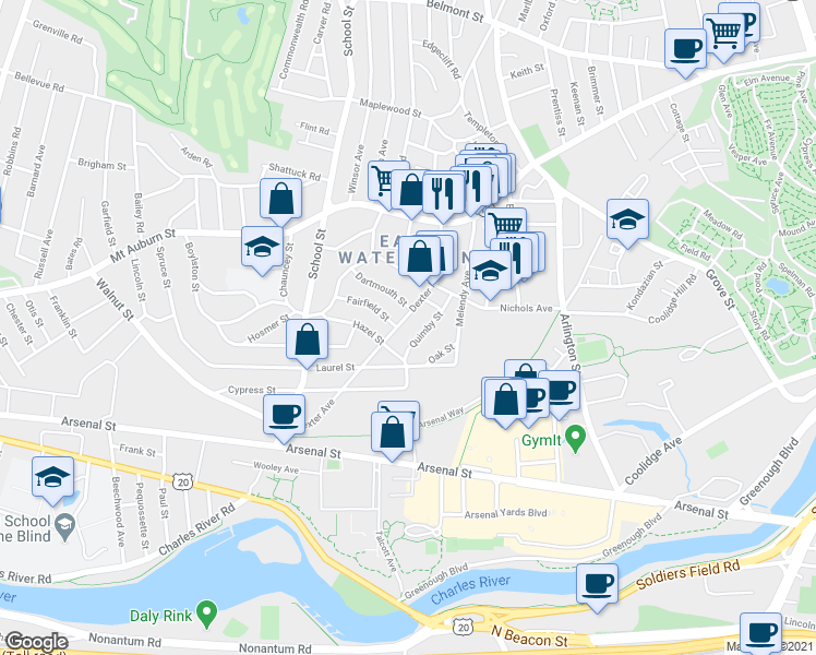 map of restaurants, bars, coffee shops, grocery stores, and more near 78 Dexter Avenue in Watertown