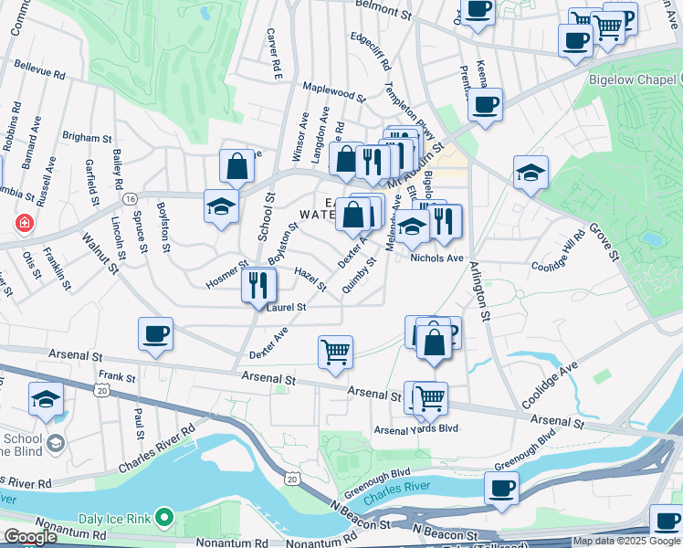 map of restaurants, bars, coffee shops, grocery stores, and more near 78 Dexter Avenue in Watertown