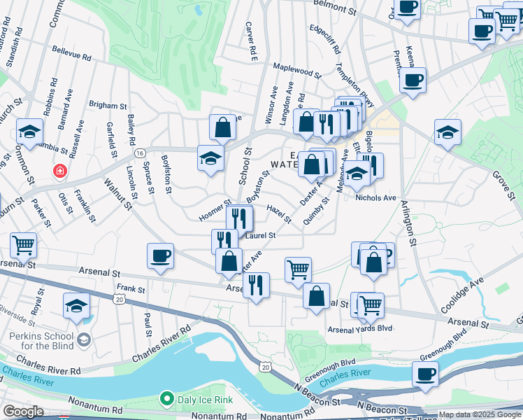 map of restaurants, bars, coffee shops, grocery stores, and more near 67 Hazel Street in Watertown