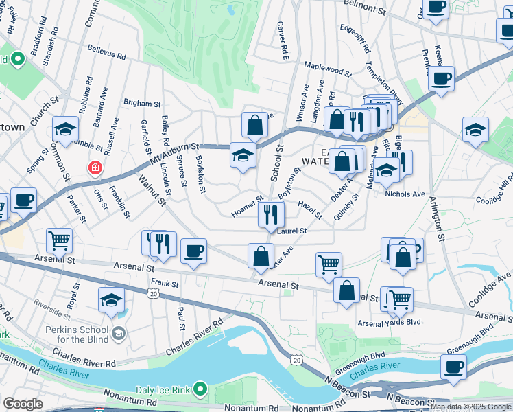 map of restaurants, bars, coffee shops, grocery stores, and more near 153 Boylston Street in Watertown