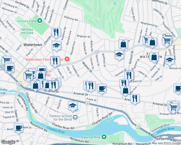 map of restaurants, bars, coffee shops, grocery stores, and more near 61 Lincoln Street in Watertown