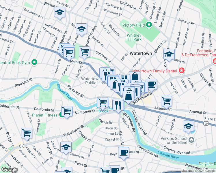 map of restaurants, bars, coffee shops, grocery stores, and more near 123 Main Street in Watertown