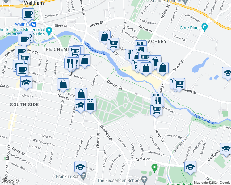 map of restaurants, bars, coffee shops, grocery stores, and more near 15 Flood Street in Waltham