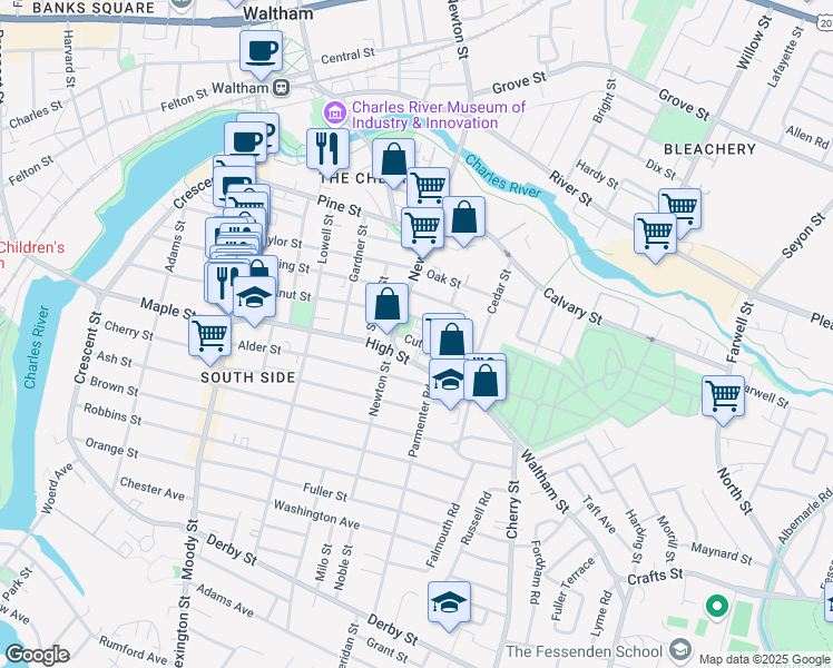 map of restaurants, bars, coffee shops, grocery stores, and more near 15 Clinton Street in Waltham