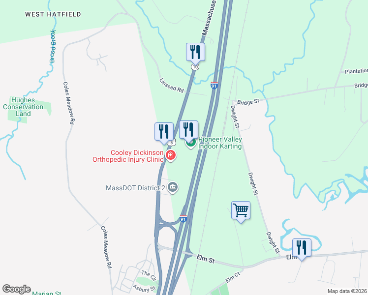 map of restaurants, bars, coffee shops, grocery stores, and more near 10 West Street in Hatfield