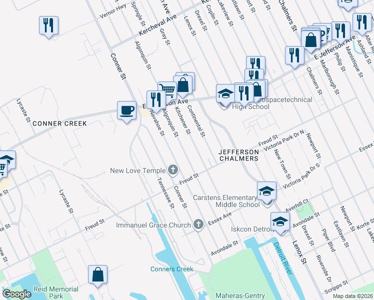 map of restaurants, bars, coffee shops, grocery stores, and more near 827 Kitchener Street in Detroit