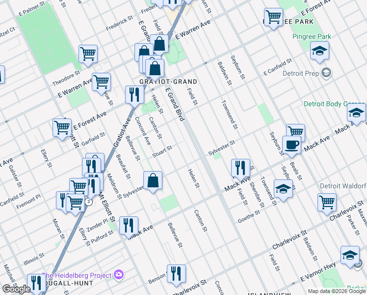 map of restaurants, bars, coffee shops, grocery stores, and more near 3990 Helen Street in Detroit