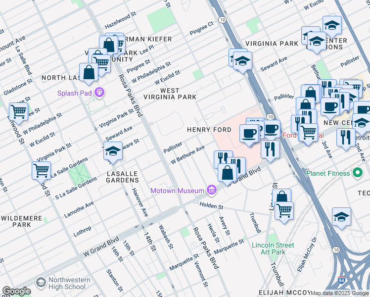 map of restaurants, bars, coffee shops, grocery stores, and more near 1707 Pallister in Detroit