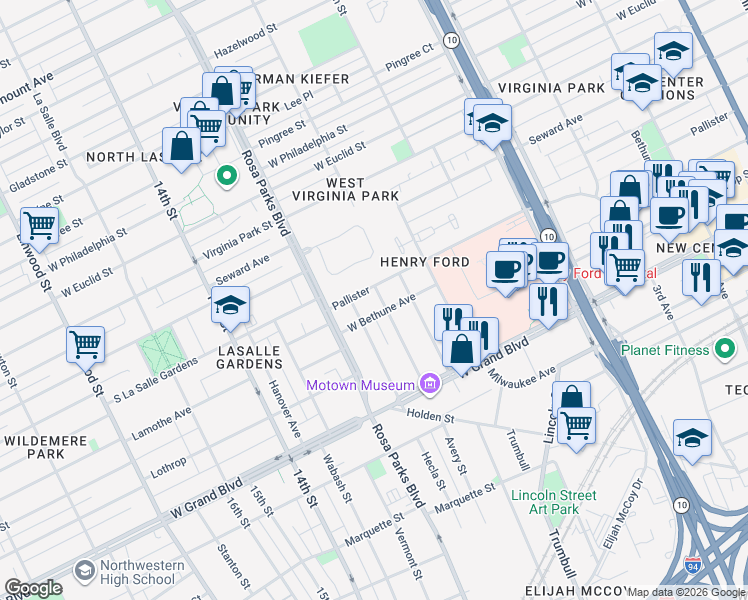 map of restaurants, bars, coffee shops, grocery stores, and more near 1707 Pallister in Detroit
