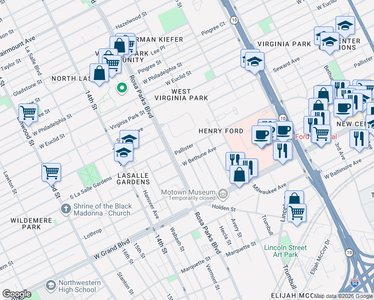 map of restaurants, bars, coffee shops, grocery stores, and more near 1707 Pallister in Detroit