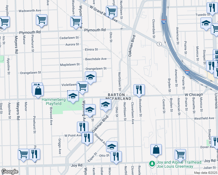 map of restaurants, bars, coffee shops, grocery stores, and more near 9582 Ohio Street in Detroit