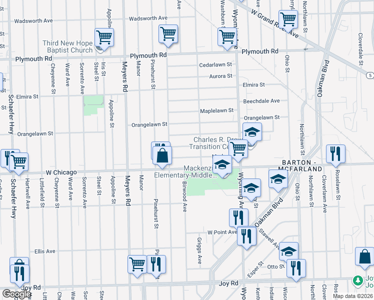 map of restaurants, bars, coffee shops, grocery stores, and more near 10359 Violetlawn Street in Detroit