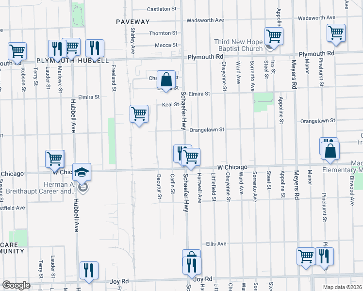 map of restaurants, bars, coffee shops, grocery stores, and more near 9611 Schaefer Highway in Detroit