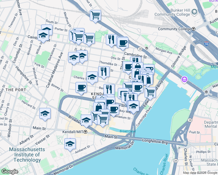 map of restaurants, bars, coffee shops, grocery stores, and more near 126-132 Charles Street in Cambridge