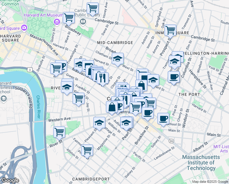 map of restaurants, bars, coffee shops, grocery stores, and more near 831 Massachusetts Avenue in Cambridge
