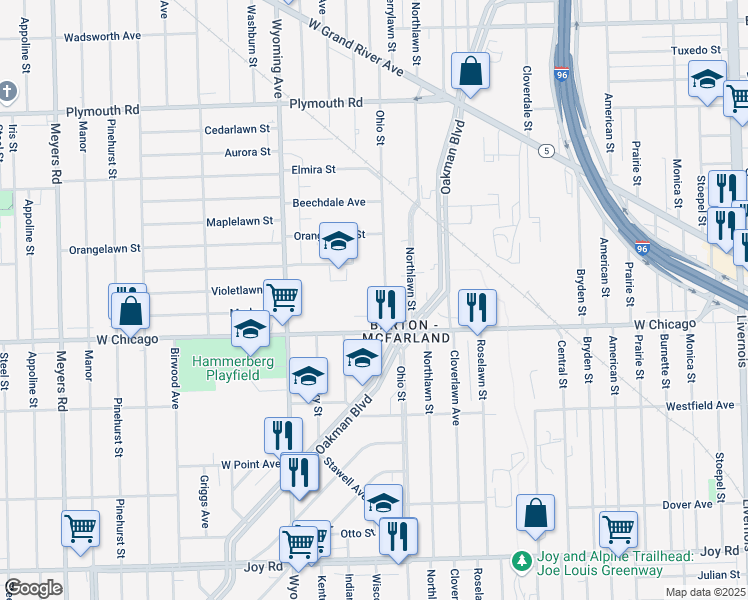 map of restaurants, bars, coffee shops, grocery stores, and more near 9582 Ohio Street in Detroit