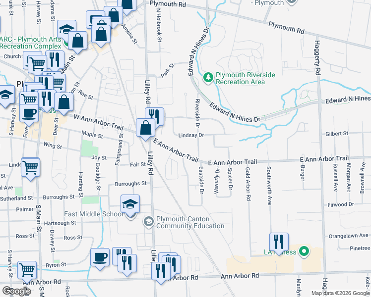 map of restaurants, bars, coffee shops, grocery stores, and more near 42066 East Ann Arbor Trail in Plymouth
