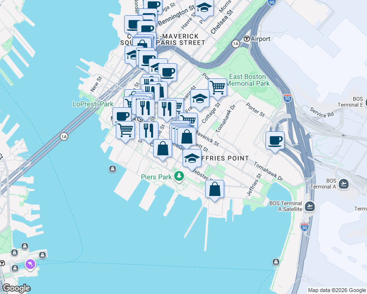 map of restaurants, bars, coffee shops, grocery stores, and more near 336 Sumner Street in Boston