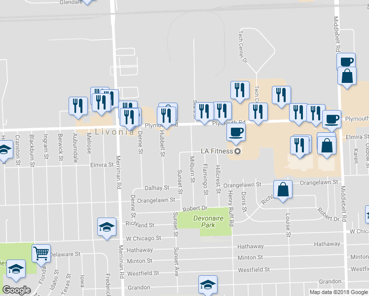 map of restaurants, bars, coffee shops, grocery stores, and more near 30654 Elmira Street in Livonia