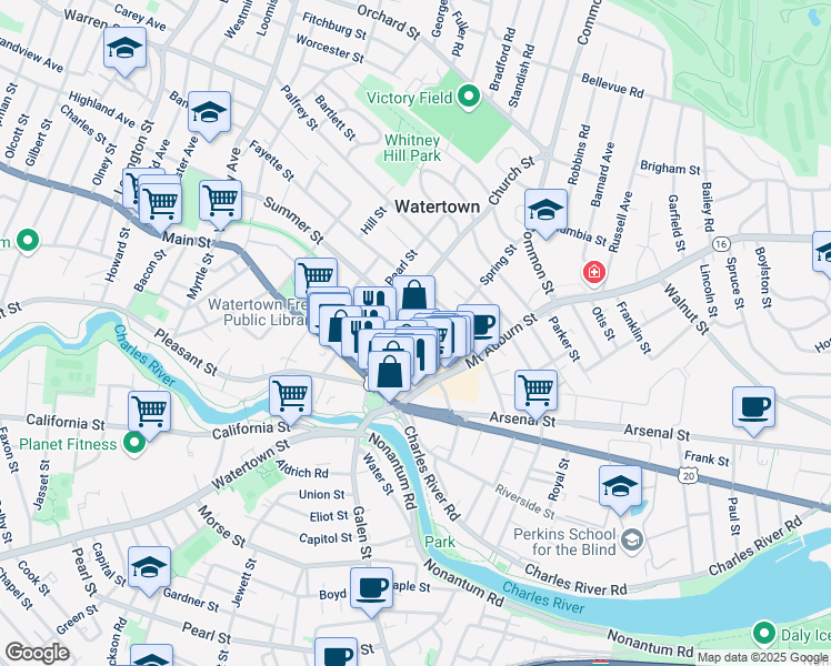 map of restaurants, bars, coffee shops, grocery stores, and more near 48 Summer Street in Watertown
