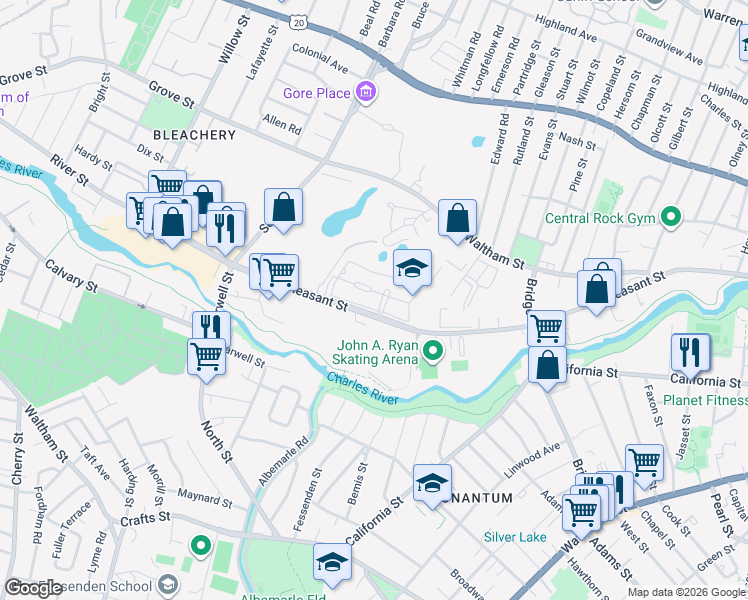 map of restaurants, bars, coffee shops, grocery stores, and more near 1 Repton Place in Watertown