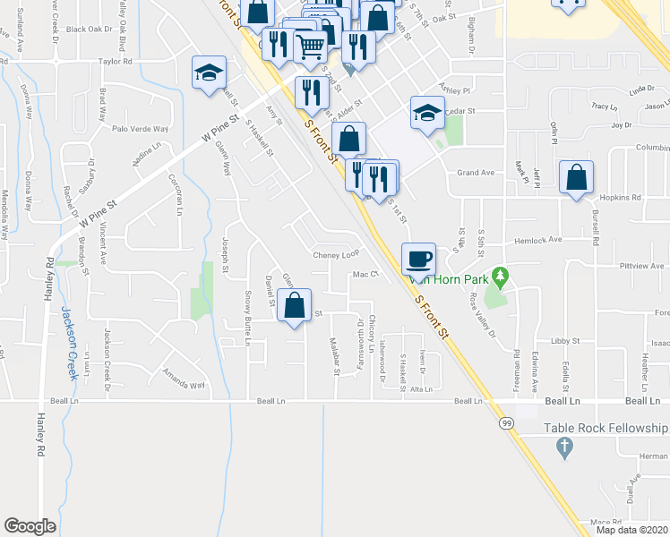 map of restaurants, bars, coffee shops, grocery stores, and more near 1260 Rochelle Court in Central Point