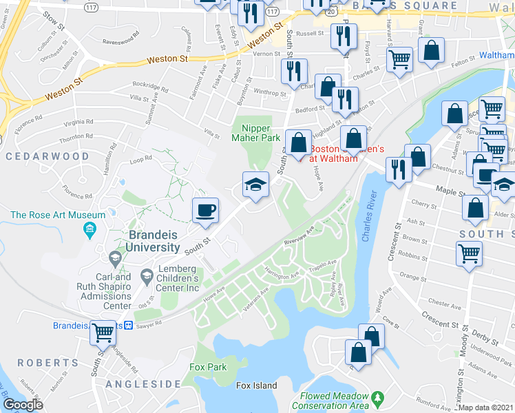 map of restaurants, bars, coffee shops, grocery stores, and more near 250 South Street in Waltham