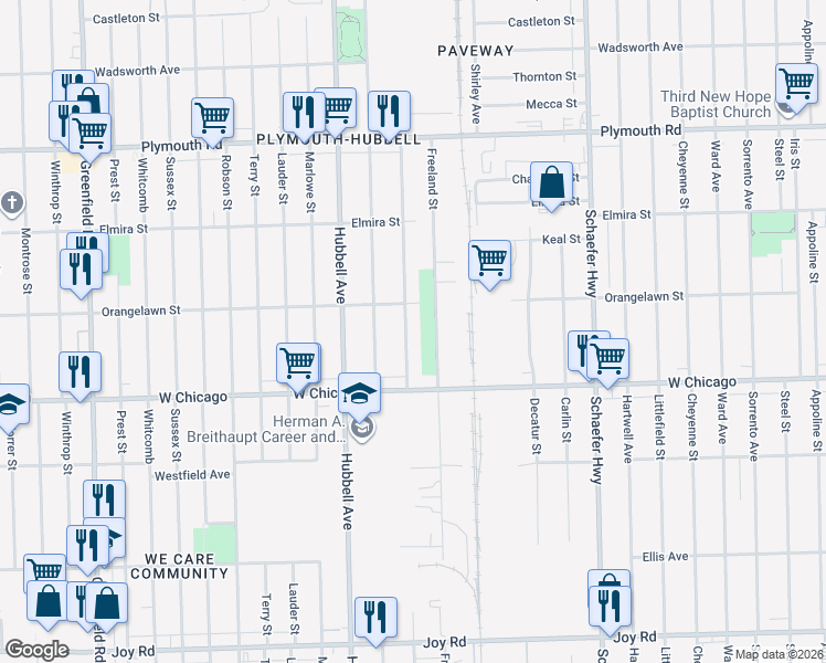map of restaurants, bars, coffee shops, grocery stores, and more near 9614 Mark Twain Street in Detroit