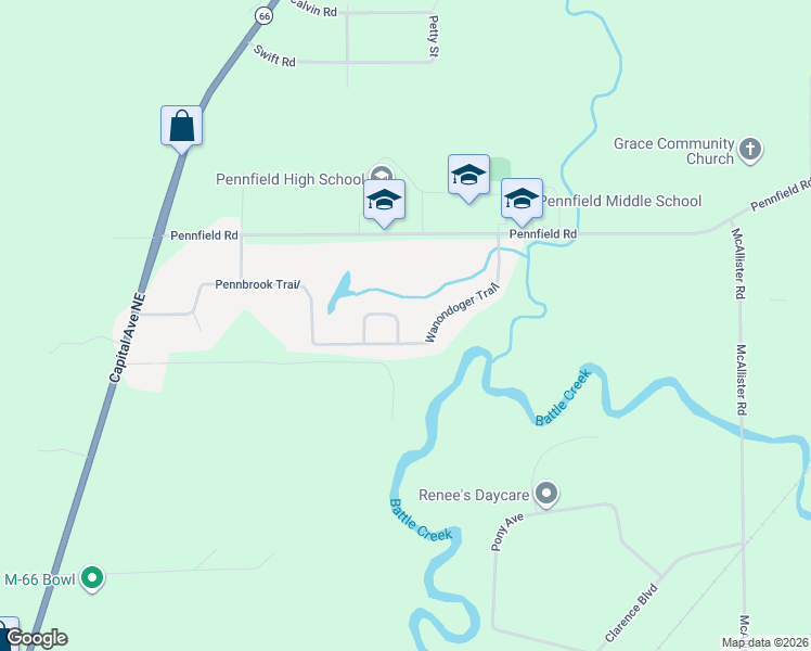 map of restaurants, bars, coffee shops, grocery stores, and more near 108 Wanondoger Circle in Battle Creek