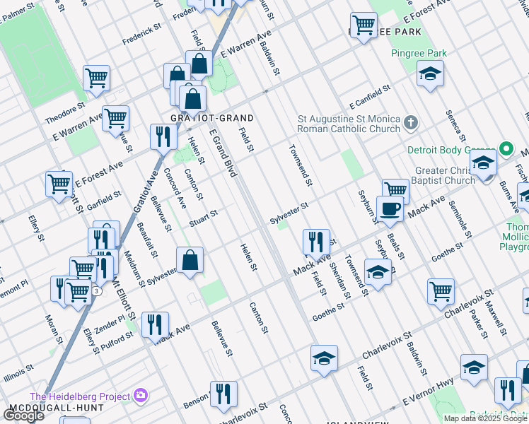 map of restaurants, bars, coffee shops, grocery stores, and more near 900 East Grand Boulevard in Detroit