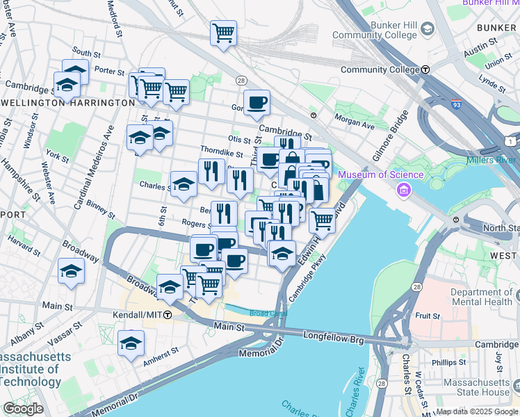 map of restaurants, bars, coffee shops, grocery stores, and more near 58 Charles Street in Cambridge