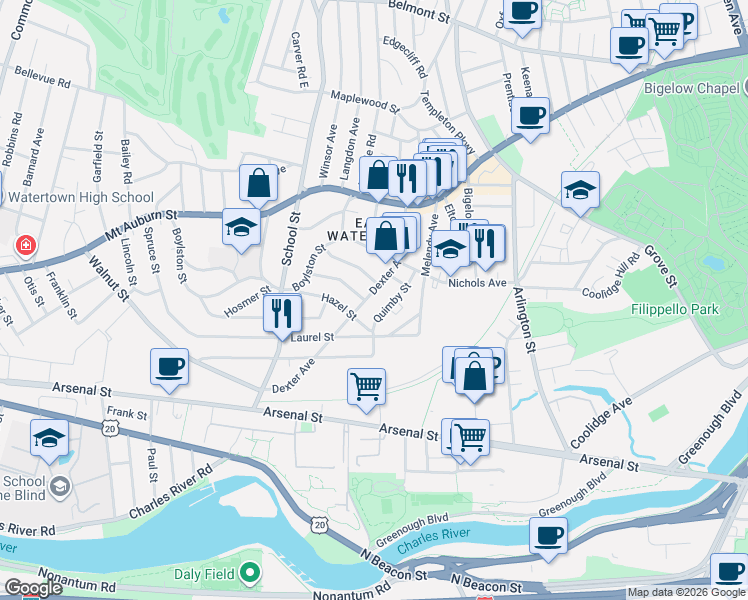 map of restaurants, bars, coffee shops, grocery stores, and more near 78 Dexter Avenue in Watertown