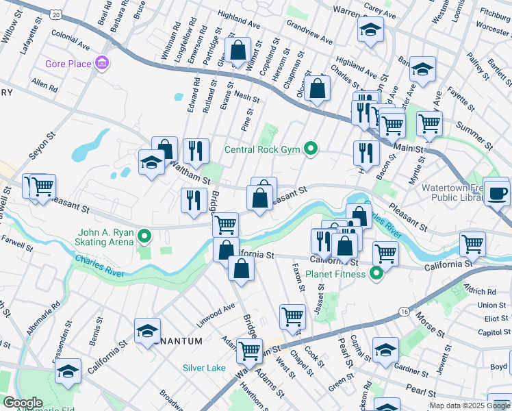 map of restaurants, bars, coffee shops, grocery stores, and more near 385 Pleasant Street in Watertown