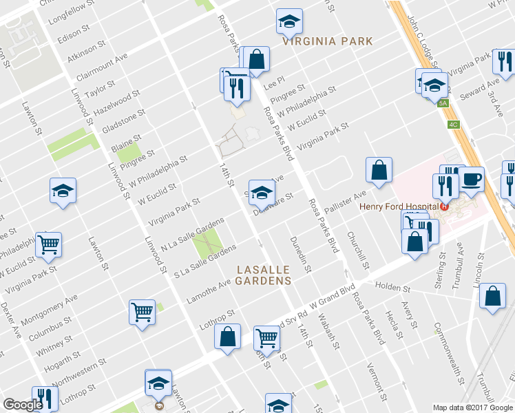 map of restaurants, bars, coffee shops, grocery stores, and more near 2060 Delaware Street in Detroit
