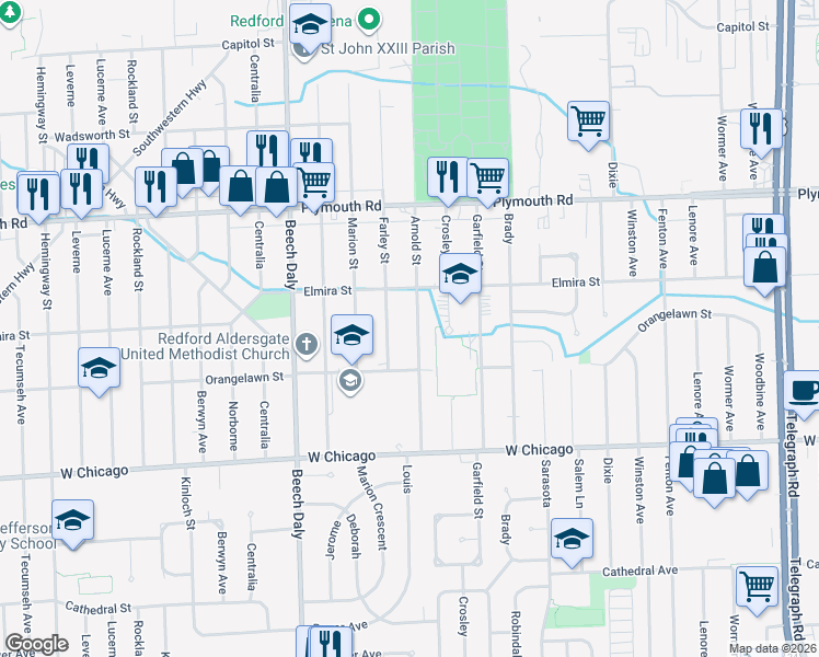 map of restaurants, bars, coffee shops, grocery stores, and more near 10003 Arnold in Redford Charter Township