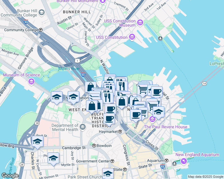 map of restaurants, bars, coffee shops, grocery stores, and more near 160-170 North Washington Street in Boston